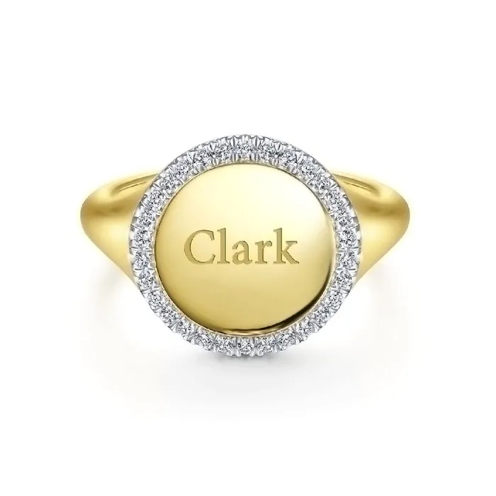 GABRIEL CO Rings 14K Yellow Gold Pinky Signet Ring with Diamond Halo