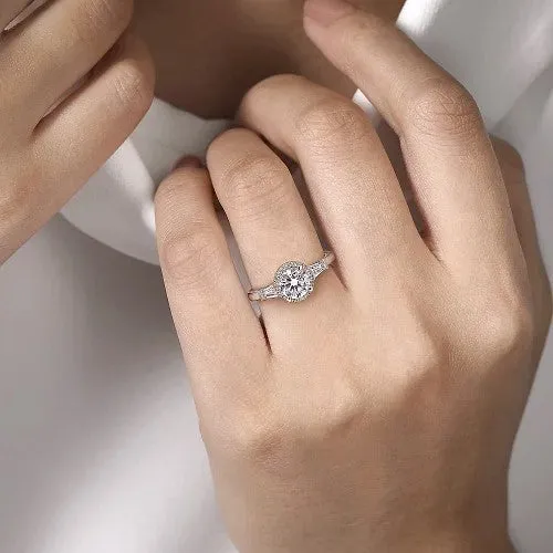 GABRIEL CO Rings Elinor 14K White Gold Round Three Stone Halo Diamond Engagement Ring Setting Only GABRIEL CO Rings Elinor 14K White Gold Round Three Stone Halo Diamond Engagement Ring Setting Only