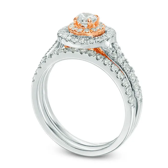 10 CT TW Natural Diamond Double Frame Split Shank Bridal Engagement Ring Set in Solid 10K TwoTone Gold Goldia Rings