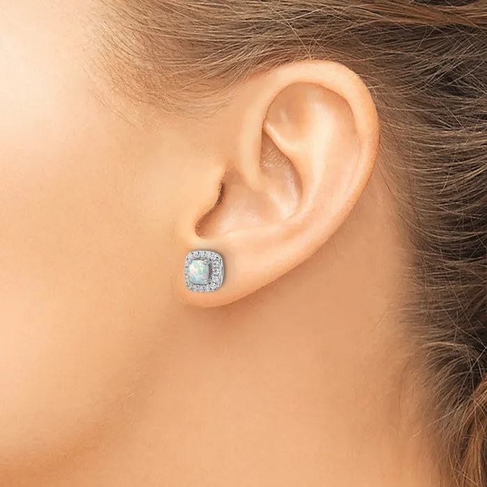 14k White Gold 38 Ct Lab Grown Diamond VSSI G October Birthstone Lab Created Opal Halo Post Earrings Goldia Earrings