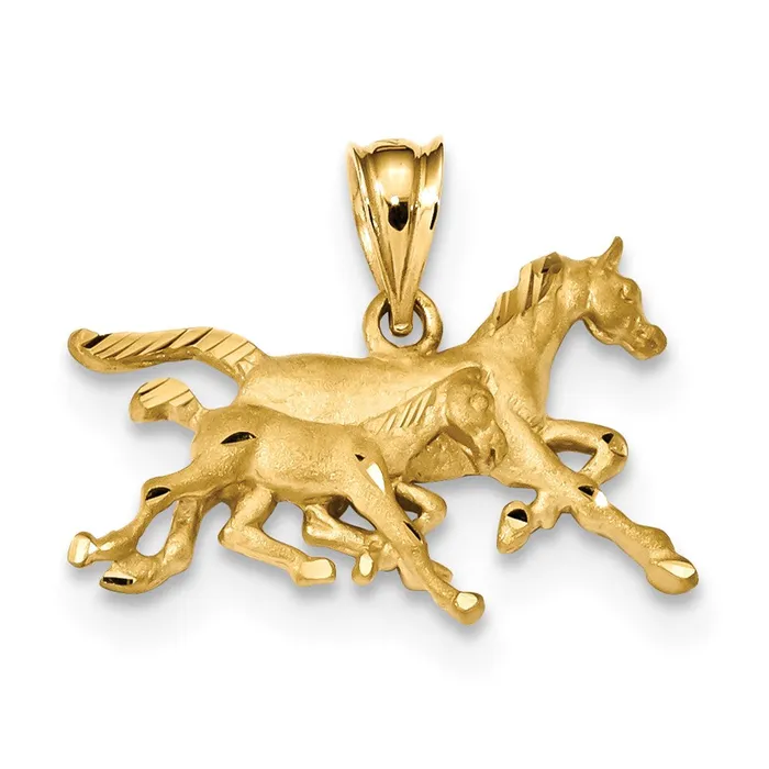 14k Yellow Gold Satin Diamondcut Running Horses Pendant Goldia Necklaces