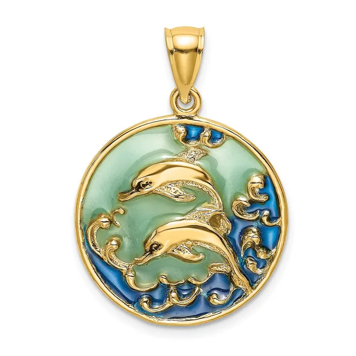 Goldia Charm Necklaces 14k Yellow Gold 2D Dolphins wBlue Enameled Charm
