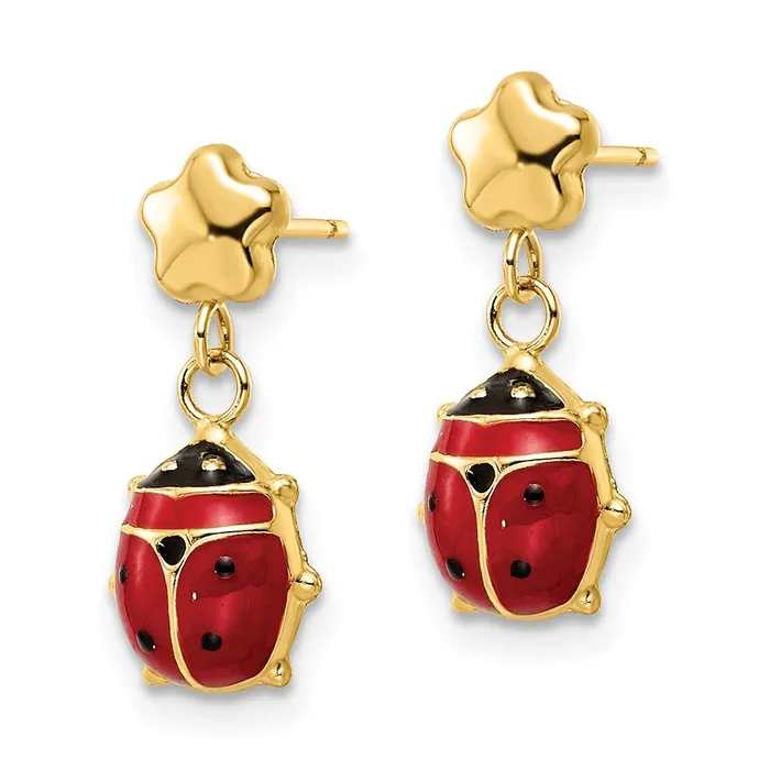 Goldia Earrings 14k Yellow Gold Polished Enameled Flower with Ladybug Post Dangle Earrings