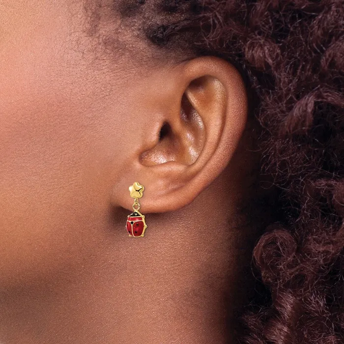 Goldia Earrings 14k Yellow Gold Polished Enameled Flower with Ladybug Post Dangle Earrings