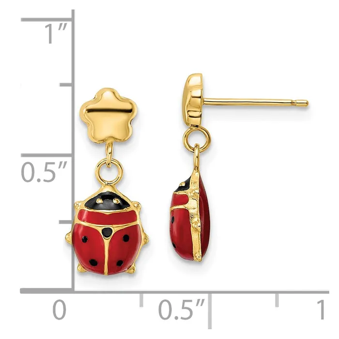 Goldia Earrings 14k Yellow Gold Polished Enameled Flower with Ladybug Post Dangle Earrings