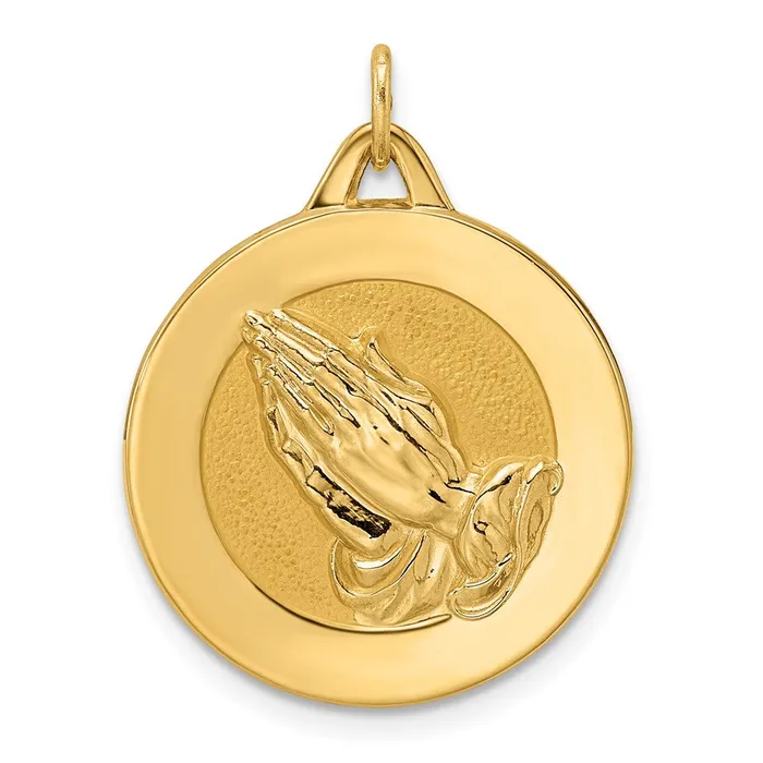 Goldia Necklaces 14k Yellow Gold Polished and Satin Solid Praying Hands Disc Pendant