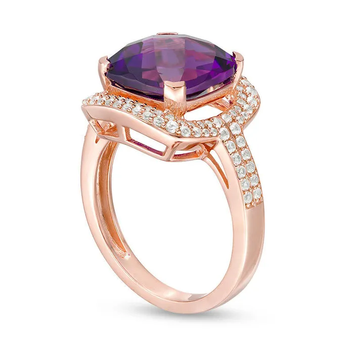 Goldia Rings CushionCut Amethyst and LabCreated White Sapphire Frame Double Row Ring in Sterling Silver with Solid 14K Rose Gold Plate Goldia Rings CushionCut Amethyst and LabCreated White Sapphire Frame Double Row Ring in Sterling Silver with Solid 14K Rose Gold Plate