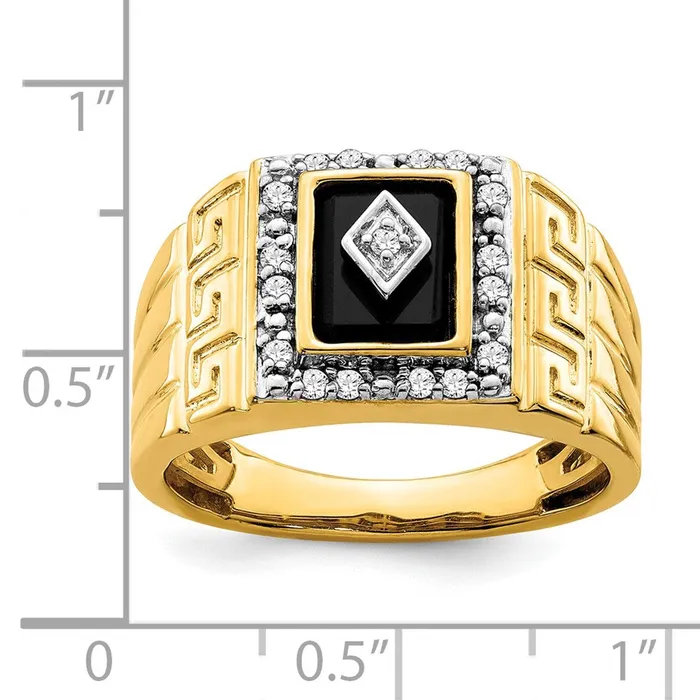Goldia Rings Solid 14k Yellow Gold Simulated Onyx and CZ GreeK Key Design Mens Ring