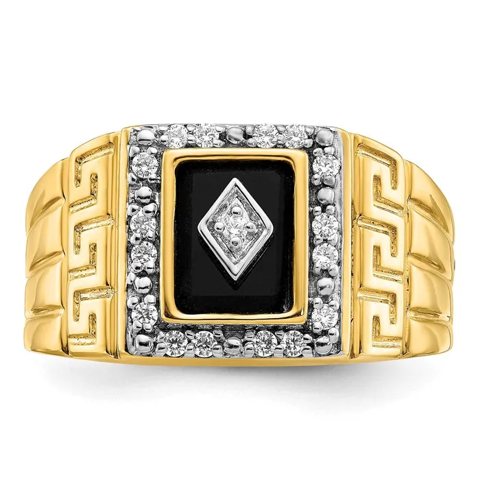 Goldia Rings Solid 14k Yellow Gold Simulated Onyx and CZ GreeK Key Design Mens Ring