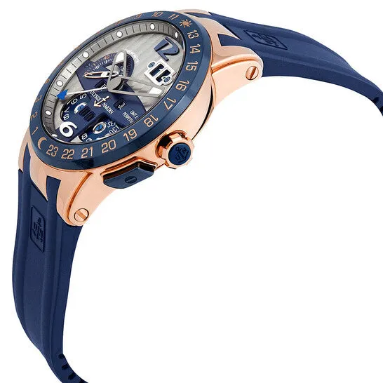 JMS always Rings Original Ulysse Nardin El Toro GMT Silver Dial 18kt Rose Gold Blue Rubber Mens Watch 326003 JMS always Rings Original Ulysse Nardin El Toro GMT Silver Dial 18kt Rose Gold Blue Rubber Mens Watch 326003
