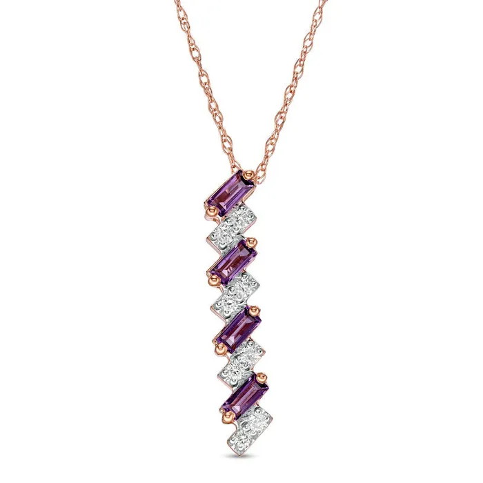 Necklaces Goldia BaguetteCut Amethyst and 01 CT TW Natural Diamond Linear ZigZag Pendant in 10K Rose Gold