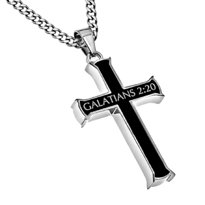 North Arrow Shop Necklaces Galatians 220 Black Cross Necklace CRUCIFIED WITH CHRIST Bible Verse Stainless Steel Thick Chain