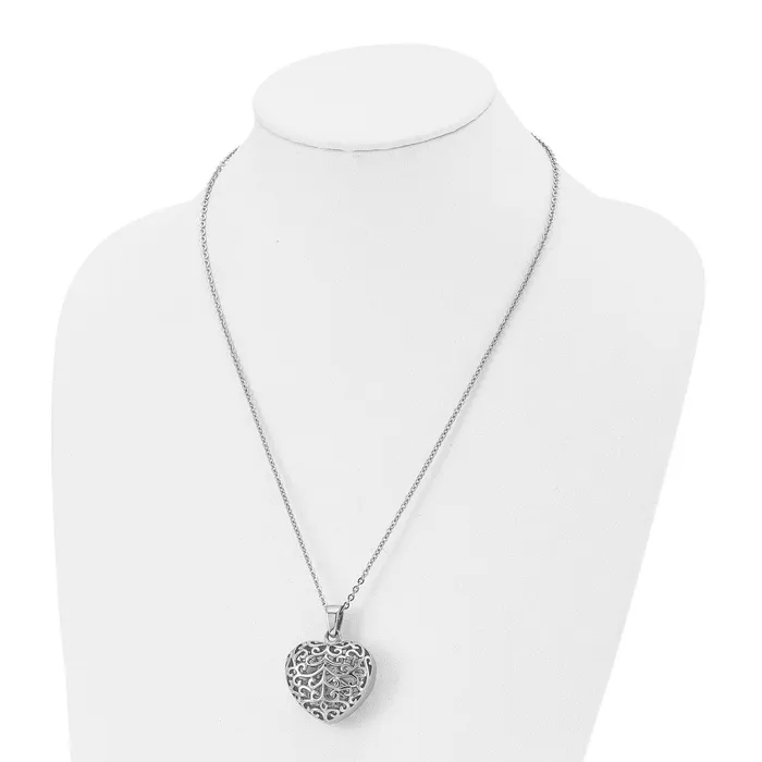 TreasureFineJewelers Necklaces Stainless Steel Polished Filigree Puffed Heart 22in Necklace