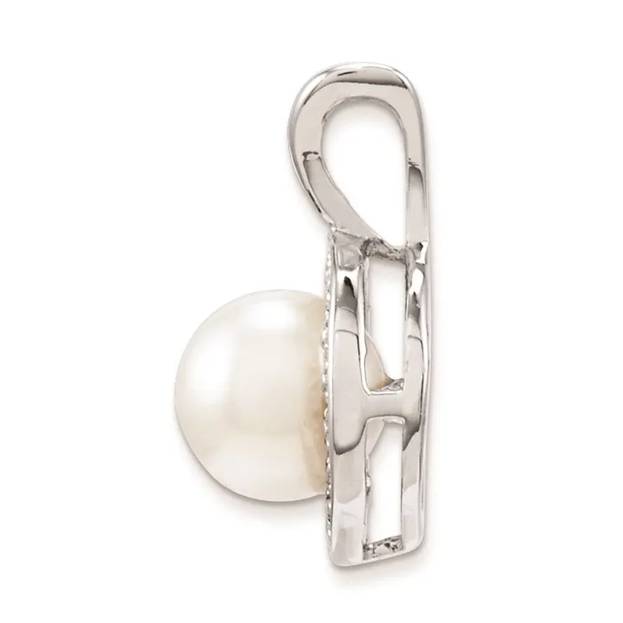 TreasureFineJewelers Necklaces Sterling Silver Rhodiumplated Diam FW Cultured Pearl Pendant
