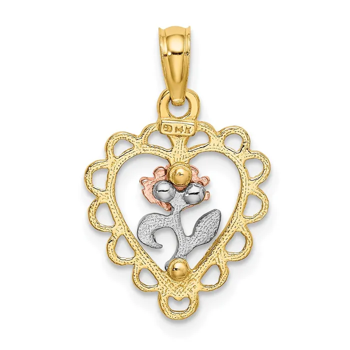 TreasureFineJewelers Rings 14k Twotone White Rhodium Heart w Rose and Lace Trim Charm