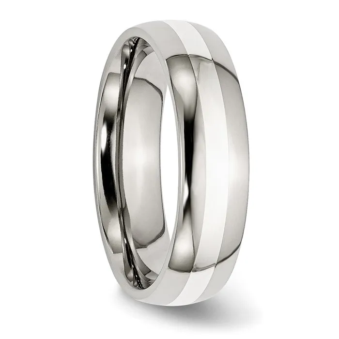 TreasureFineJewelers Rings Stainless Steel wSterling Silver Inlay Polished 6mm Band