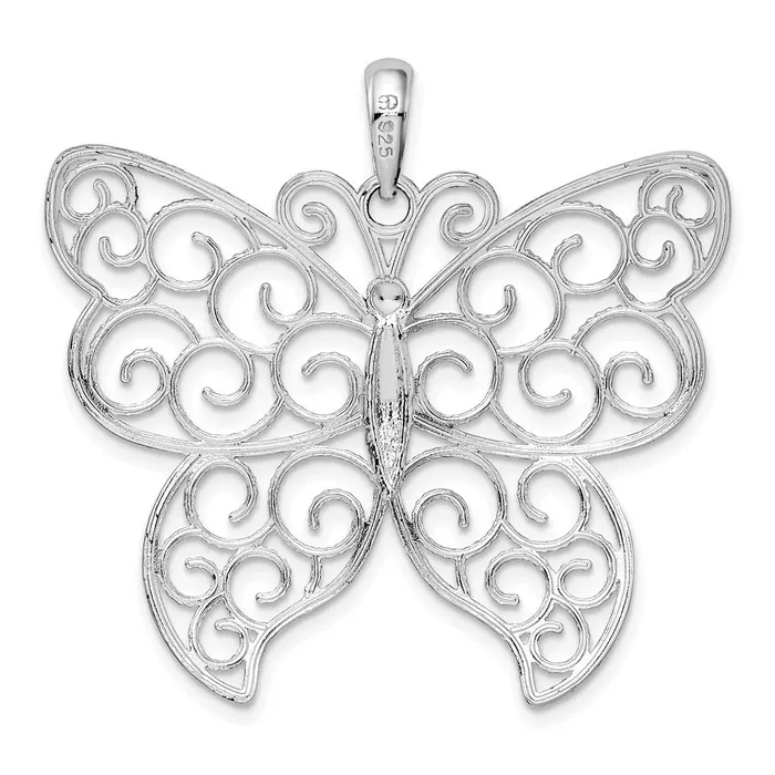 TreasureFineJewelers Sterling Silver Polished Large Beaded Filigree Butterfly Pendant Necklaces